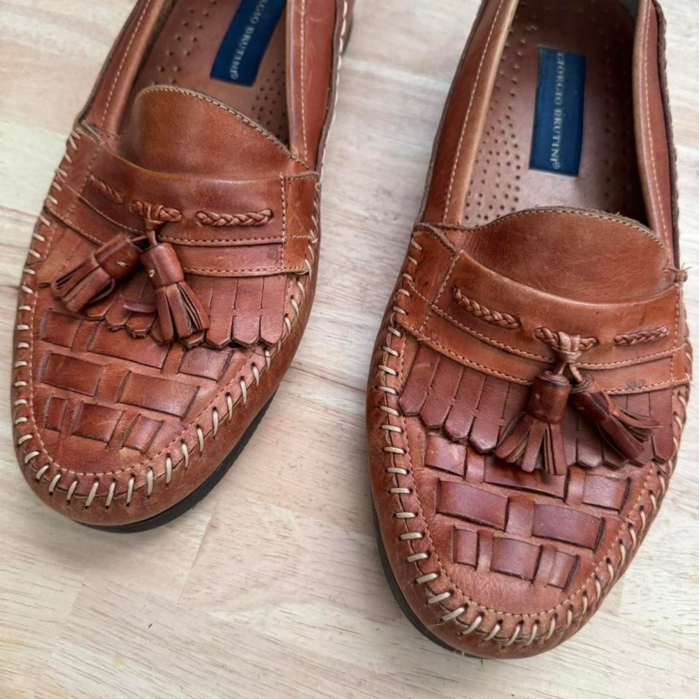 Vintage Brown Leather Loafer Men 9 Pinch Tassel Tan Fringe Giorgio Brutini - Picture 2 of 7